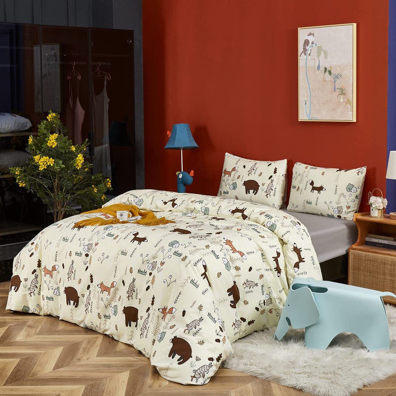 CLOTHKNOW Yellow Animal Comforter Set Twin/Twin XL Kids Bedding Comforter Sets Soft Cartoon Comforter Fox Rabbit Beige Bedding with 2 x Pillow Cases - Image 5